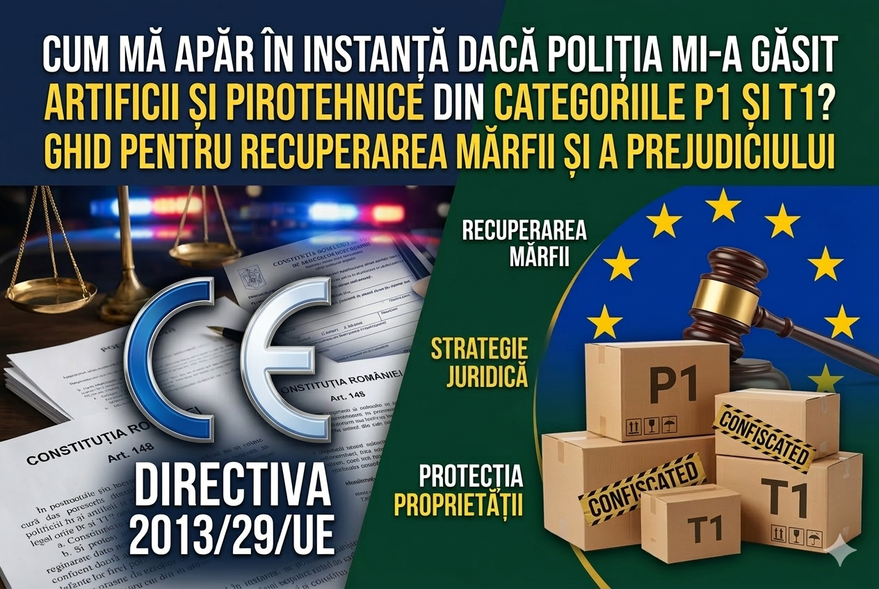 Ghid juridic recuperare articole pirotehnice P1 și T1 confiscate de poliție, marcaj CE și Directiva Europeană 2013/29/UE pe fundal juridic
